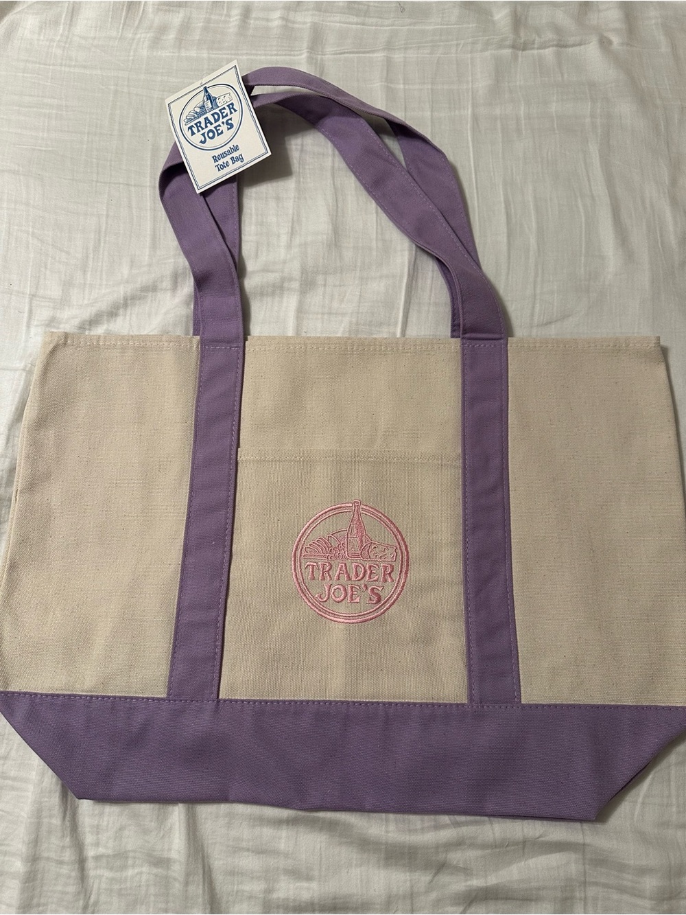 Trader Joe's Cream Canvas Tote with Lavender Trim